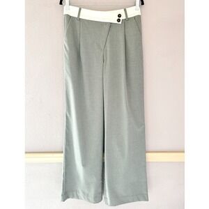 Isalis Grey Wide Leg Trousers Contrast Waistband Preppy Minimalist Office Wear M